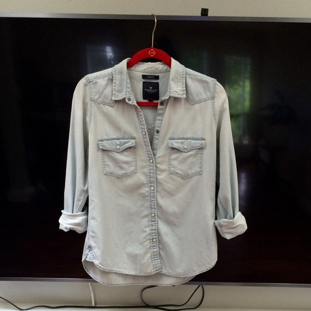 American Eagle Slim fit distressed denim button up